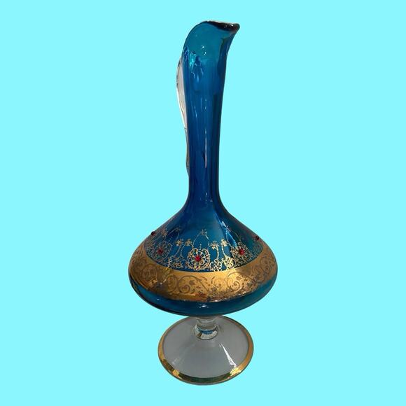 VTG Italian Venetian Murano Aqua Blue Glass Gold Gilt Red Jewels Ewer Decanter - Picture 2 of 16